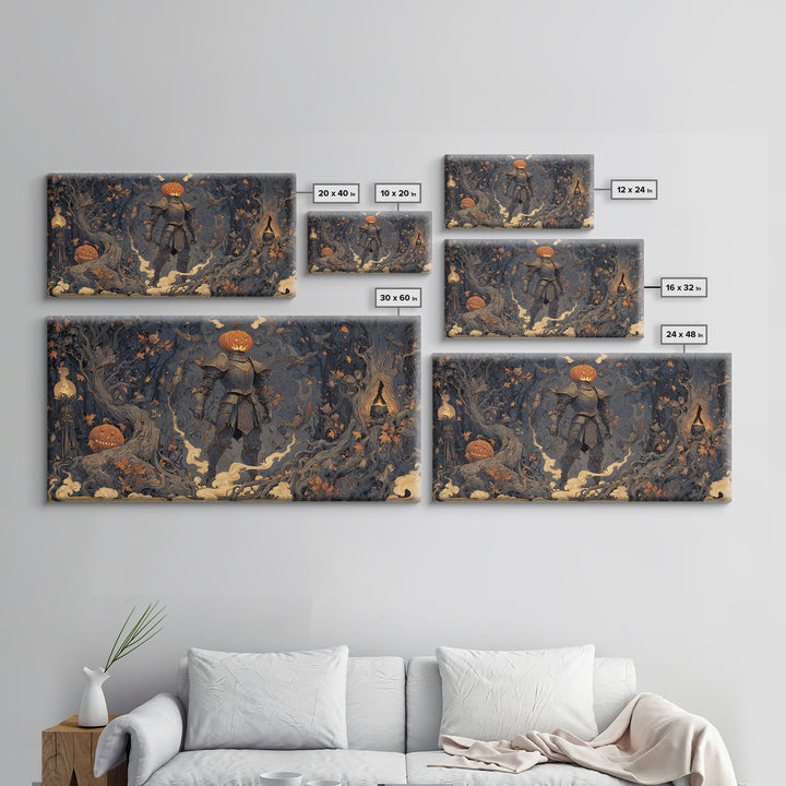 The Pumpkin Paladin, Wide Panoramic Art, Haunted Gothic Art, Framed Canvas Print, Halloween Wall Decor, Gothic Home Decor, Dark Fantasy Art