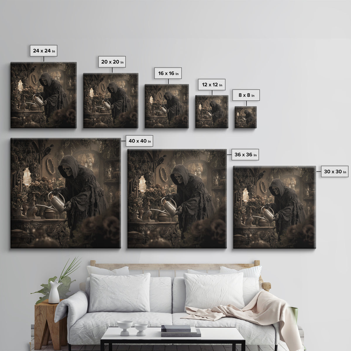 The Graveyard Gardener, Square Wall Art, Haunted Gothic Art, Framed Canvas Print, Halloween Wall Decor, Gothic Home Decor