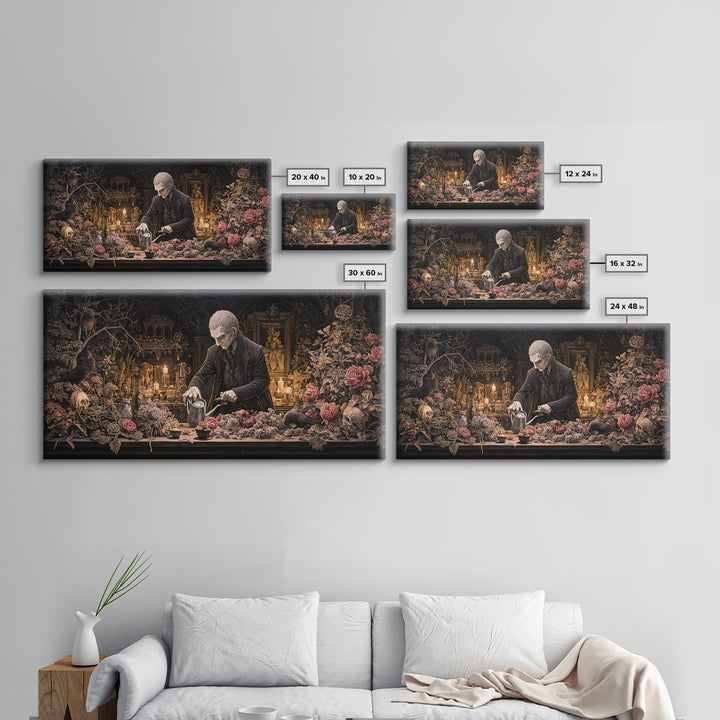 The Graveyard Gardener, Wide Panoramic Art, Gothic Horror Wall Art, Framed Canvas Print, Halloween Wall Decor, Gothic Home Decor