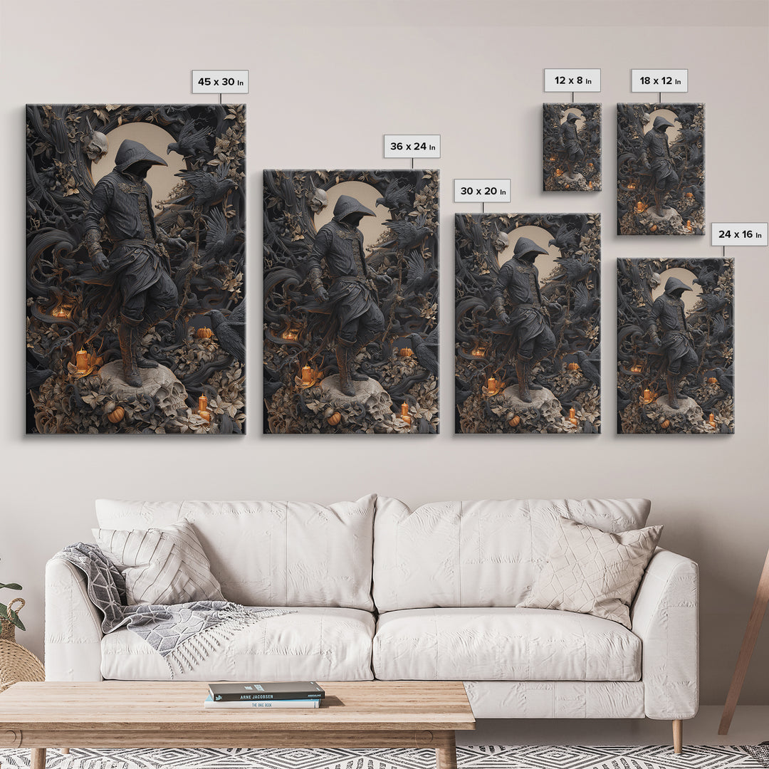 The Crow-Masked Assassin, Vertical Wall Art, Haunted Gothic Art, Framed Canvas Print, Halloween Wall Decor, Gothic Home Decor