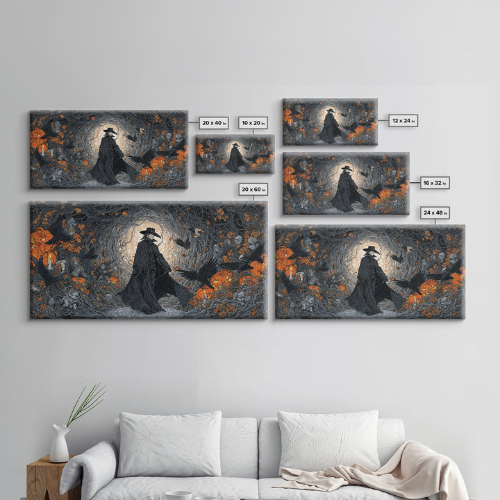 The Crow-Masked Assassin, Wide Panoramic Art, Gothic Horror Wall Art, Framed Canvas Print, Halloween Wall Decor, Gothic Home Decor