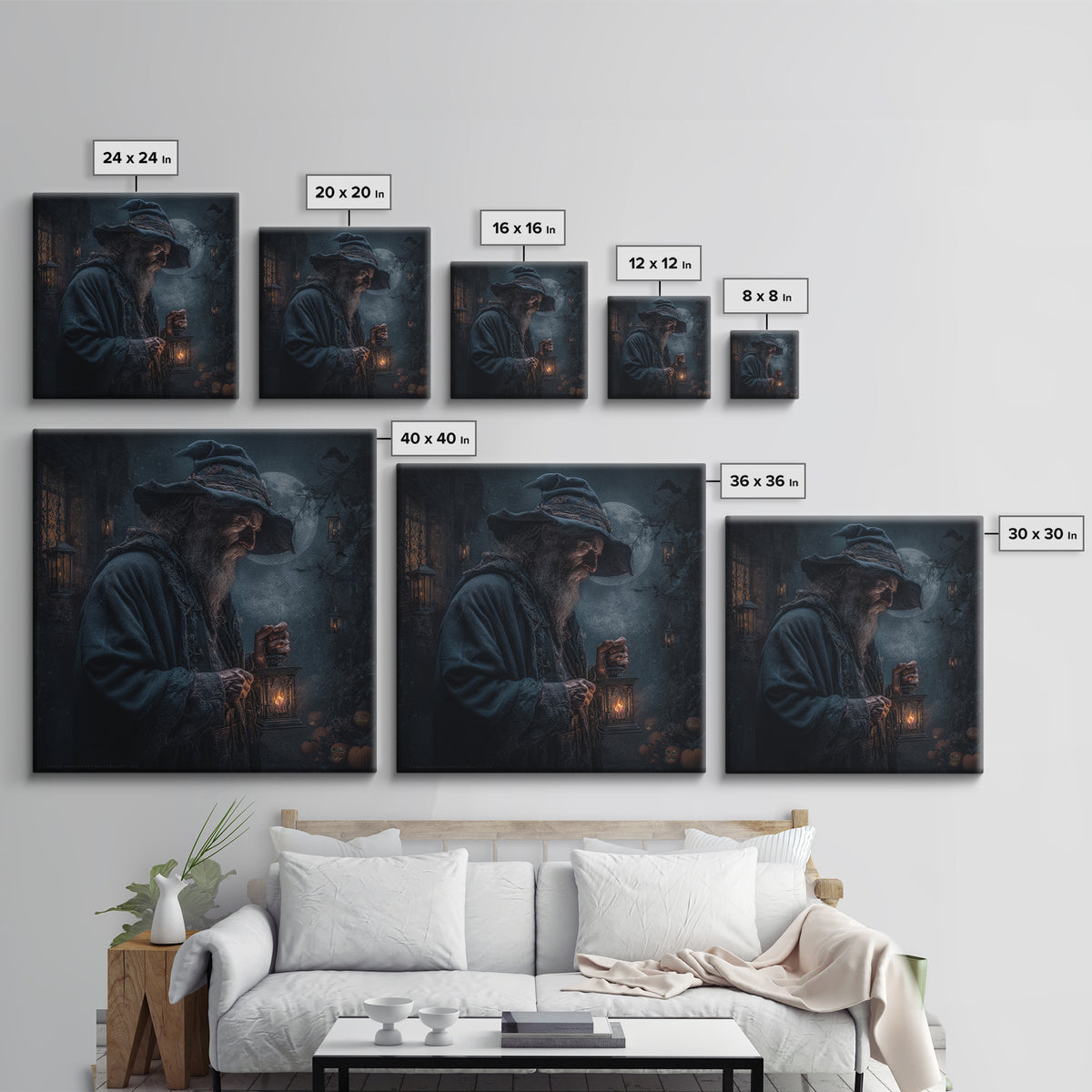 The Lantern Mage, Square Wall Art, Haunted Gothic Art, Framed Canvas Print, Halloween Wall Decor, Gothic Home Decor, Horror Wall Art