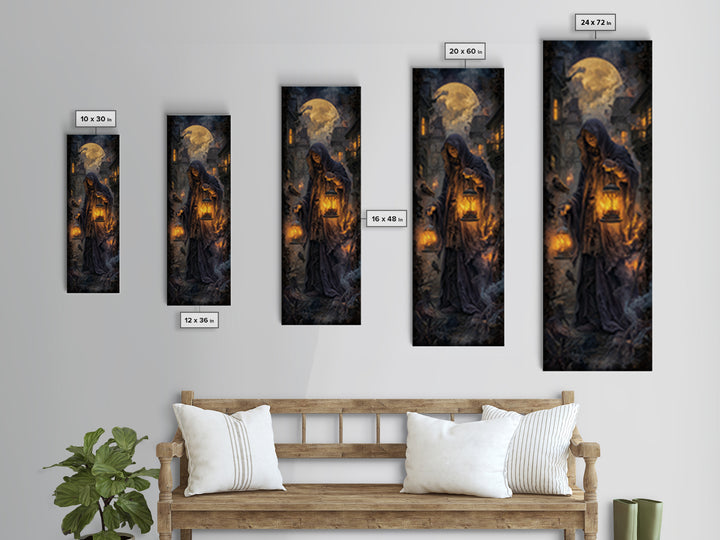 The Lantern Mage, Tall Narrow Wall Art, Dark Fantasy Wall Art, Canvas Print, Halloween Wall Decor, Gothic Home Decor, Dark Fantasy Art