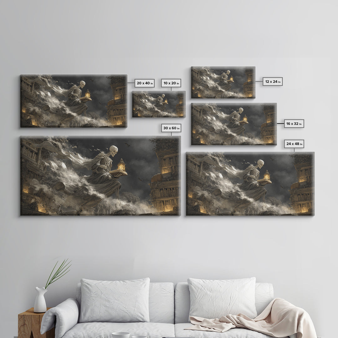 The Crypt Librarian, Wide Panoramic Art, Gothic Horror Wall Art, Framed Canvas Print, Halloween Wall Decor, Gothic Home Decor