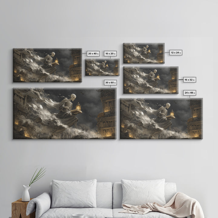 The Crypt Librarian, Wide Panoramic Art, Gothic Horror Wall Art, Framed Canvas Print, Halloween Wall Decor, Gothic Home Decor