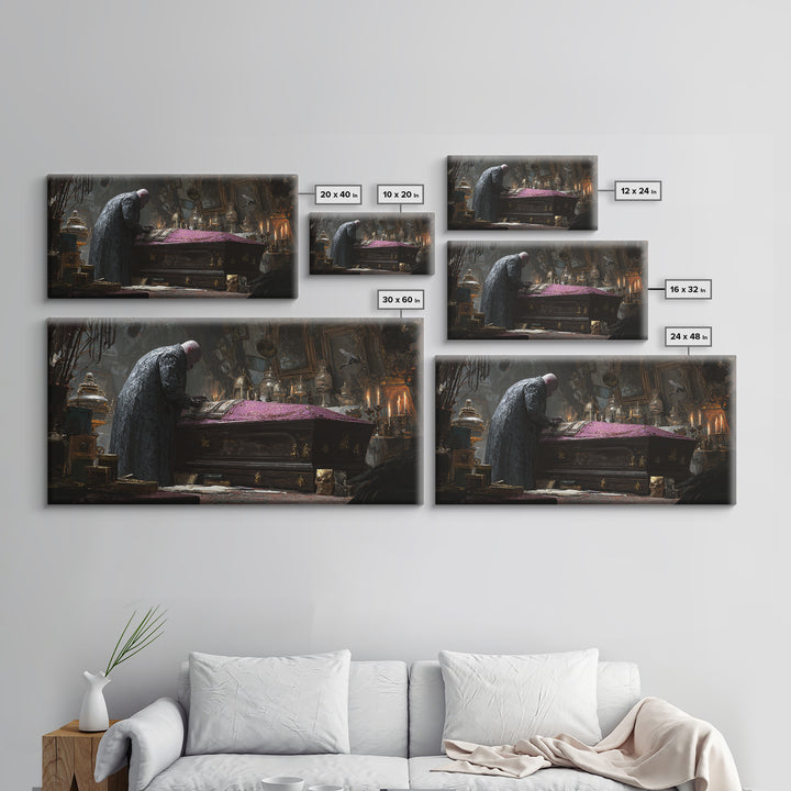The Royal Coffin Maker, Wide Panoramic Art, Macabre Wall Art, Framed Canvas Print, Halloween Wall Decor, Gothic Home Decor, Halloween Decor