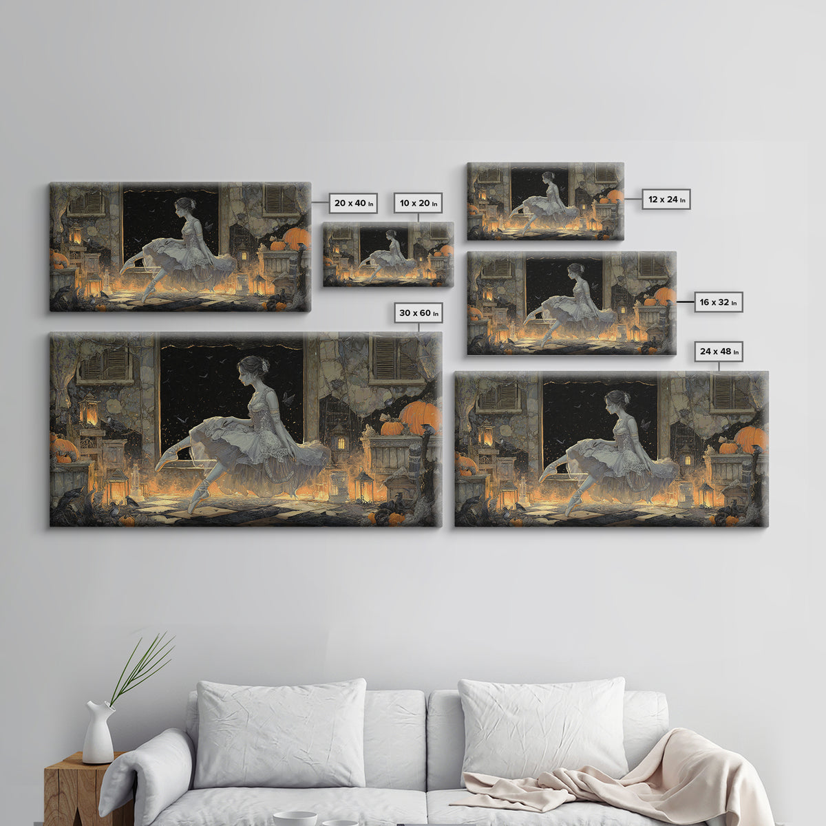 The Phantom Ballerina, Wide Panoramic Art, Haunted Gothic Art, Framed Canvas Print, Halloween Wall Decor, Gothic Home Decor
