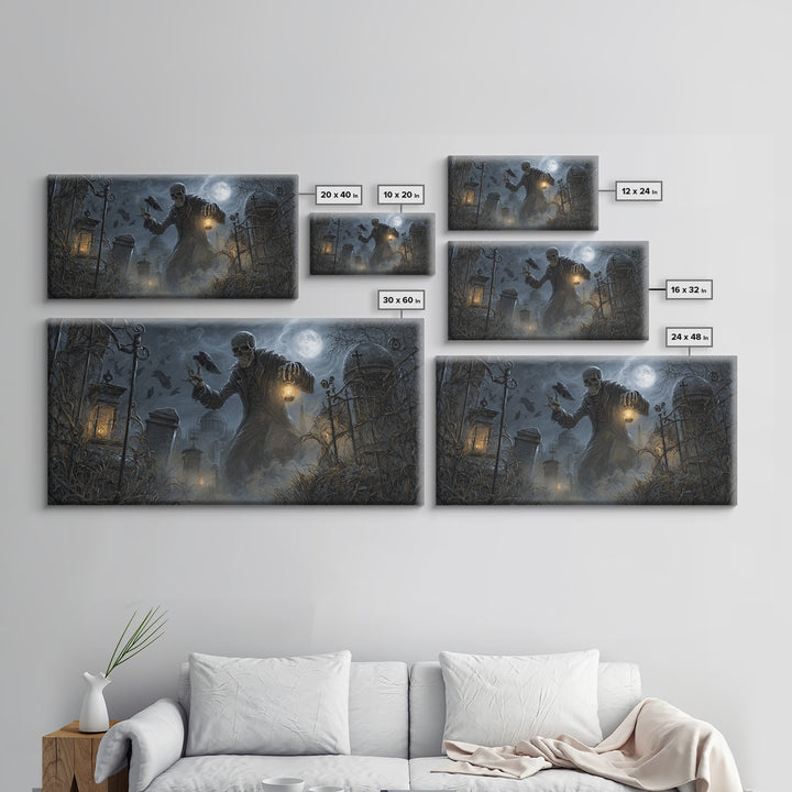 The Skull Astronomer, Wide Panoramic Art, Gothic Horror Wall Art, Framed Canvas Print, Halloween Wall Decor, Gothic Home Decor