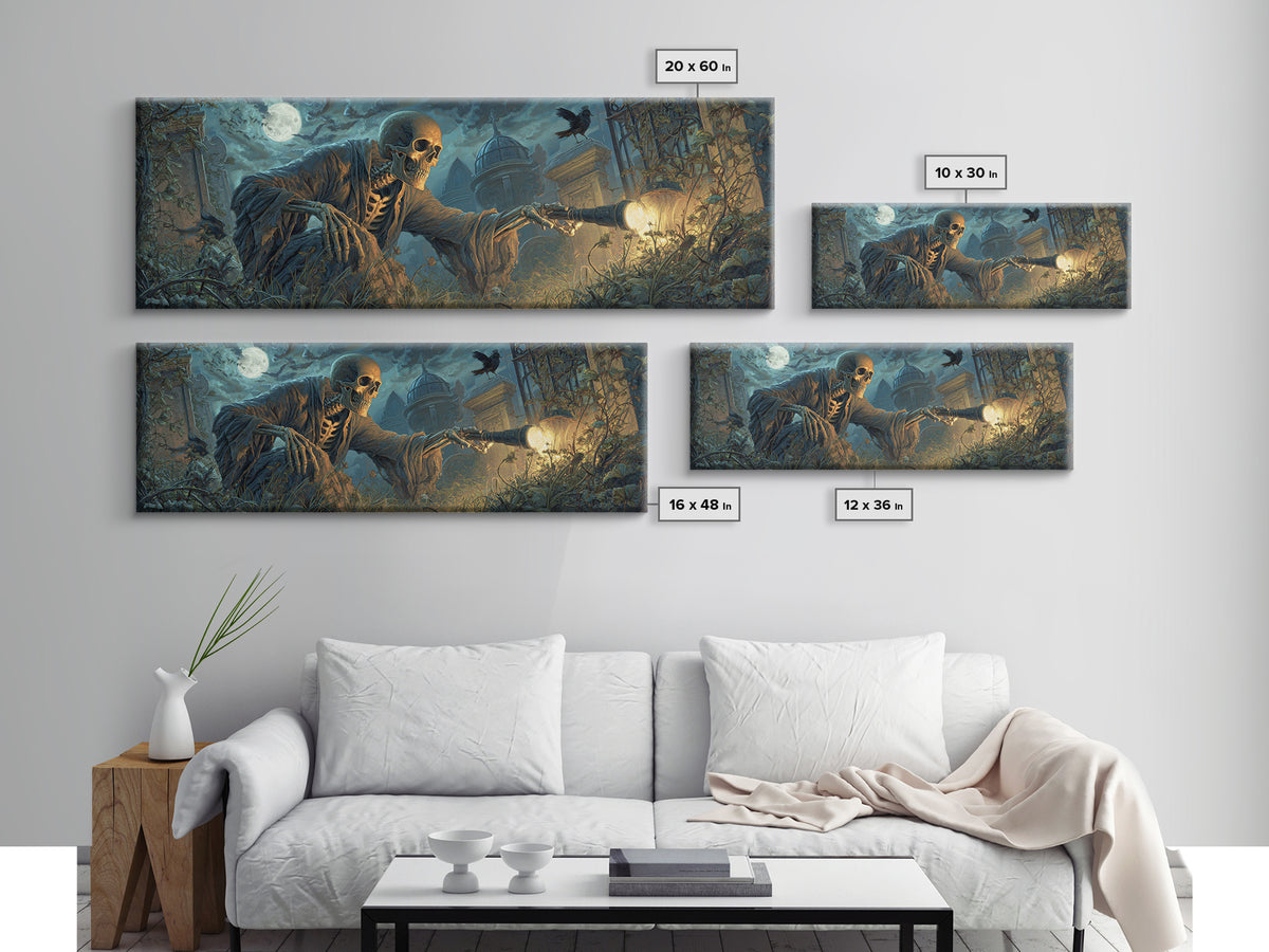 The Skull Astronomer, Extra Wide Wall Art, Dark Halloween Decor, Canvas Print, Halloween Wall Decor, Gothic Home Decor, Dark Fantasy Art