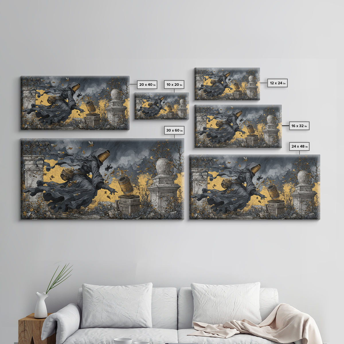 The Cemetery Beekeeper, Wide Panoramic Art, Dark Fantasy Wall Art, Canvas Print, Halloween Wall Decor, Gothic Home Decor