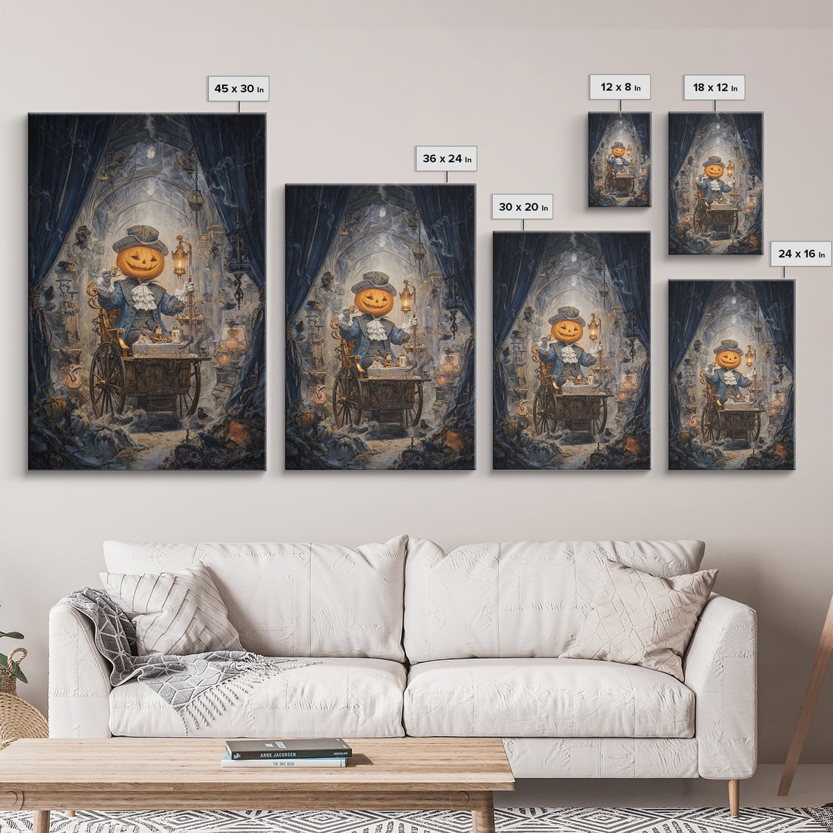 The Pumpkin-Headed Tea Merchant, Vertical Wall Art, Macabre Wall Art, Framed Canvas Print, Halloween Wall Decor, Gothic Home Decor