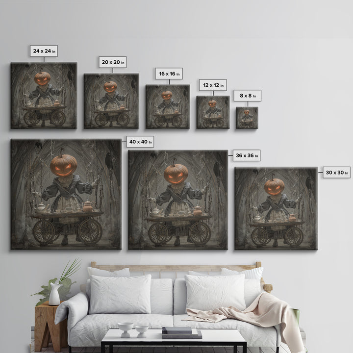 The Pumpkin-Headed Tea Merchant, Square Wall Art, Dark Fantasy Wall Art, Canvas Print, Halloween Wall Decor, Gothic Home Decor