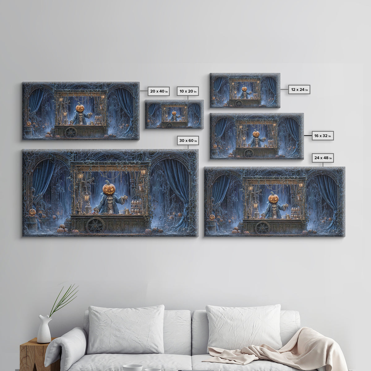 The Pumpkin-Headed Tea Merchant, Wide Panoramic Art, Dark Halloween Decor, Canvas Print, Halloween Wall Decor, Gothic Home Decor