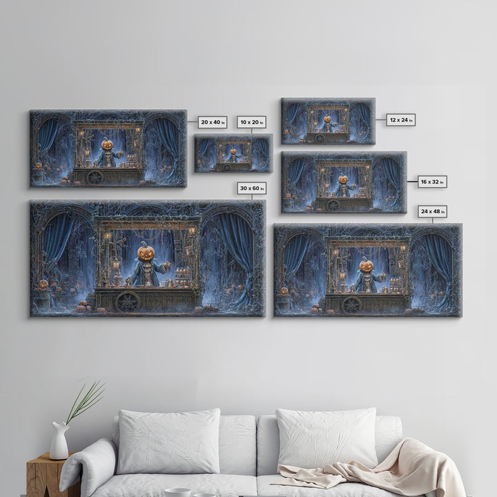 The Pumpkin-Headed Tea Merchant, Wide Panoramic Art, Dark Halloween Decor, Canvas Print, Halloween Wall Decor, Gothic Home Decor