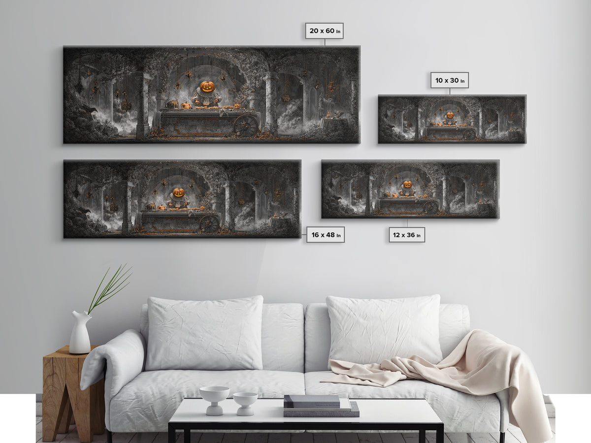 The Pumpkin-Headed Tea Merchant, Extra Wide Wall Art, Dark Fantasy Wall Art, Canvas Print, Halloween Wall Decor, Gothic Home Decor