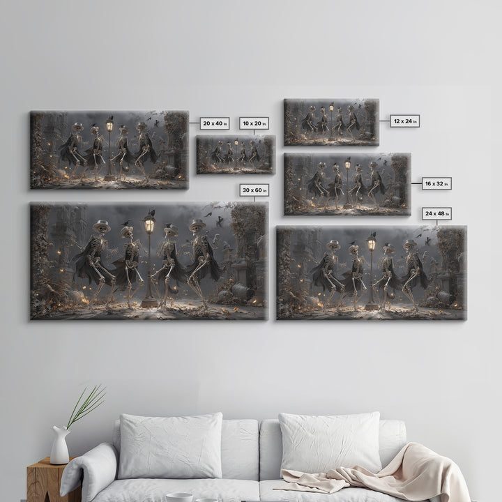 The Skeleton Barbershop Quartet, Wide Panoramic Art, Macabre Wall Art, Framed Canvas Print, Halloween Wall Decor, Gothic Home Decor