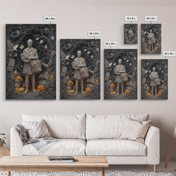 The Mummy Mail Carrier, Vertical Wall Art, Gothic Horror Wall Art, Framed Canvas Print, Halloween Wall Decor, Gothic Home Decor