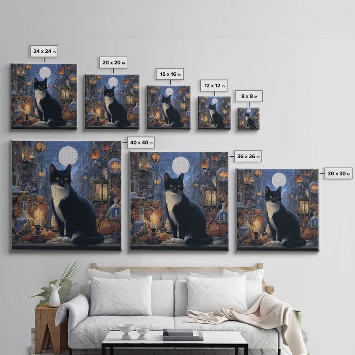 The Witch'S Cat Cafe, Square Wall Art, Haunted Gothic Art, Framed Canvas Print, Halloween Wall Decor, Gothic Home Decor, Dark Fantasy Art