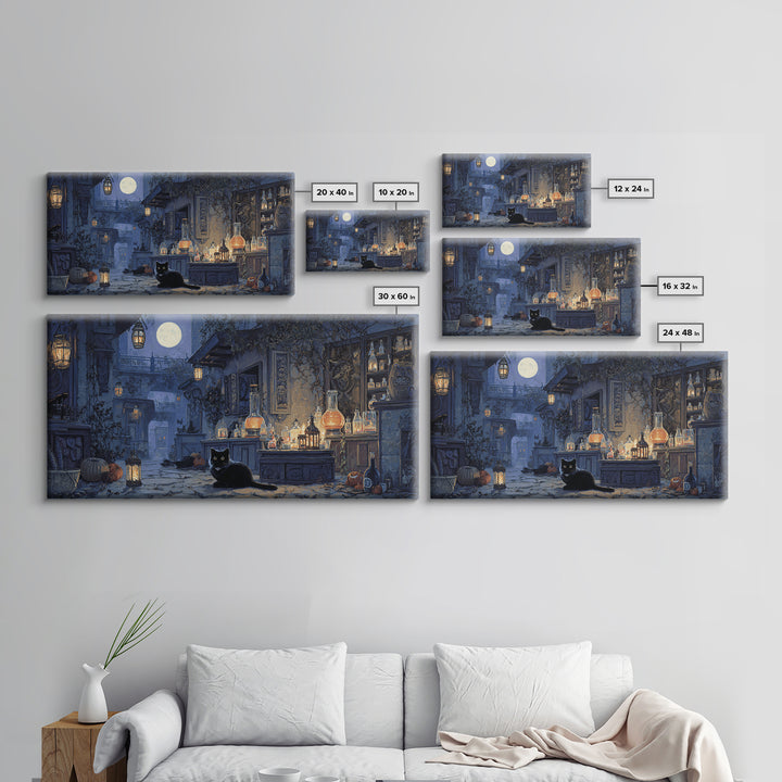 The Witch'S Cat Cafe, Wide Panoramic Art, Dark Fantasy Wall Art, Canvas Print, Halloween Wall Decor, Gothic Home Decor, Macabre Wall Art