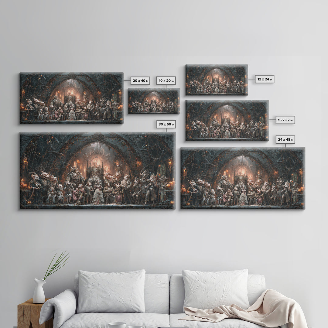 The Monster Family Portrait, Wide Panoramic Art, Haunted Gothic Art, Framed Canvas Print, Halloween Wall Decor, Gothic Home Decor