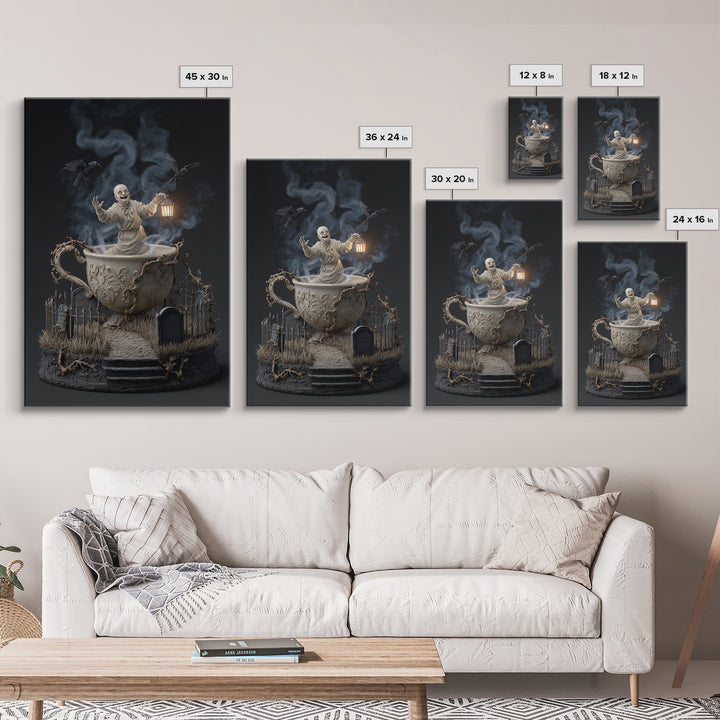 Tiny Ghosts In Teacups, Vertical Wall Art, Dark Fantasy Wall Art, Canvas Print, Halloween Wall Decor, Gothic Home Decor, Macabre Wall Art