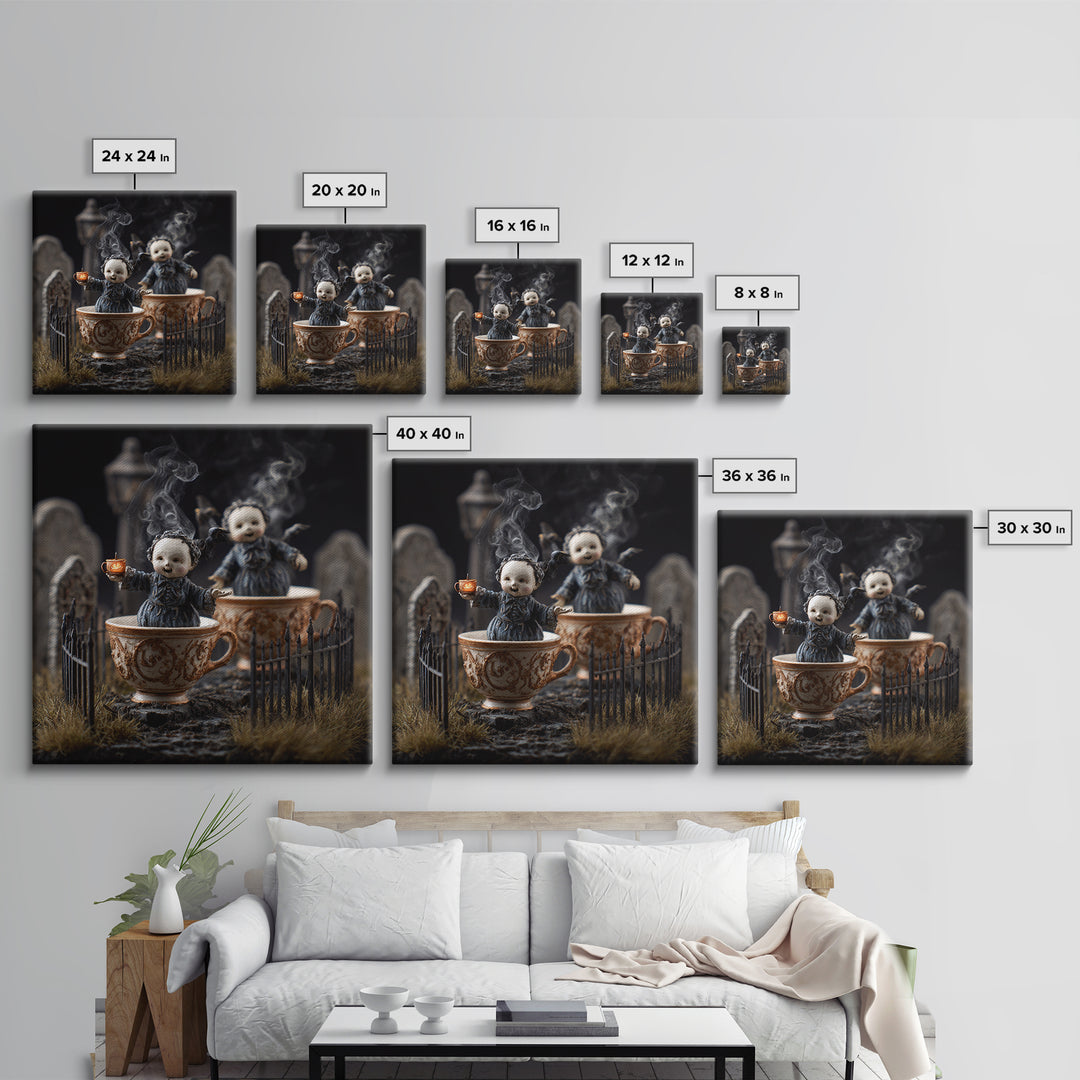 Tiny Ghosts In Teacups, Square Wall Art, Spooky Home Decor, Canvas Print, Halloween Wall Decor, Gothic Home Decor, Horror Wall Art