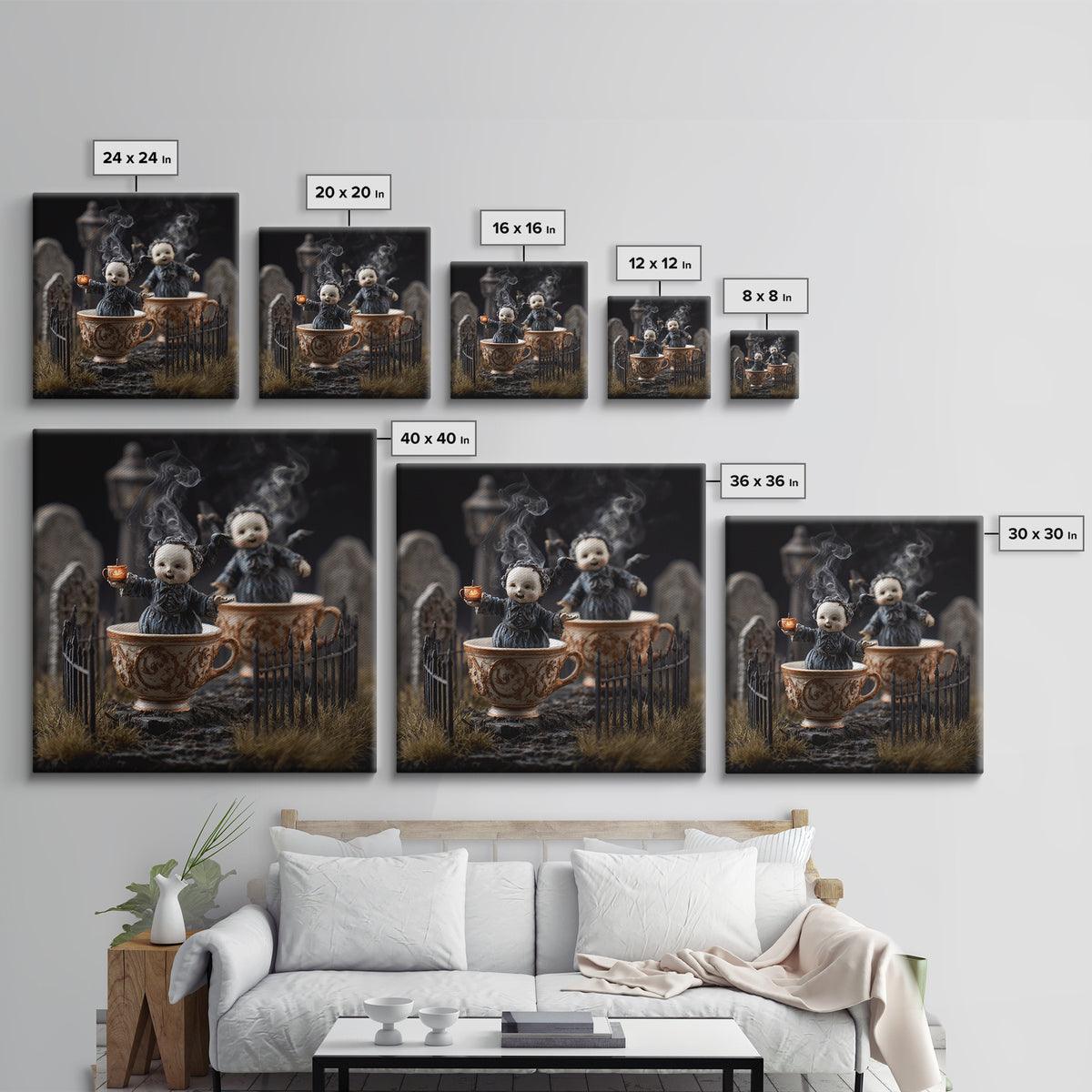 Tiny Ghosts In Teacups, Square Wall Art, Spooky Home Decor, Canvas Print, Halloween Wall Decor, Gothic Home Decor, Horror Wall Art