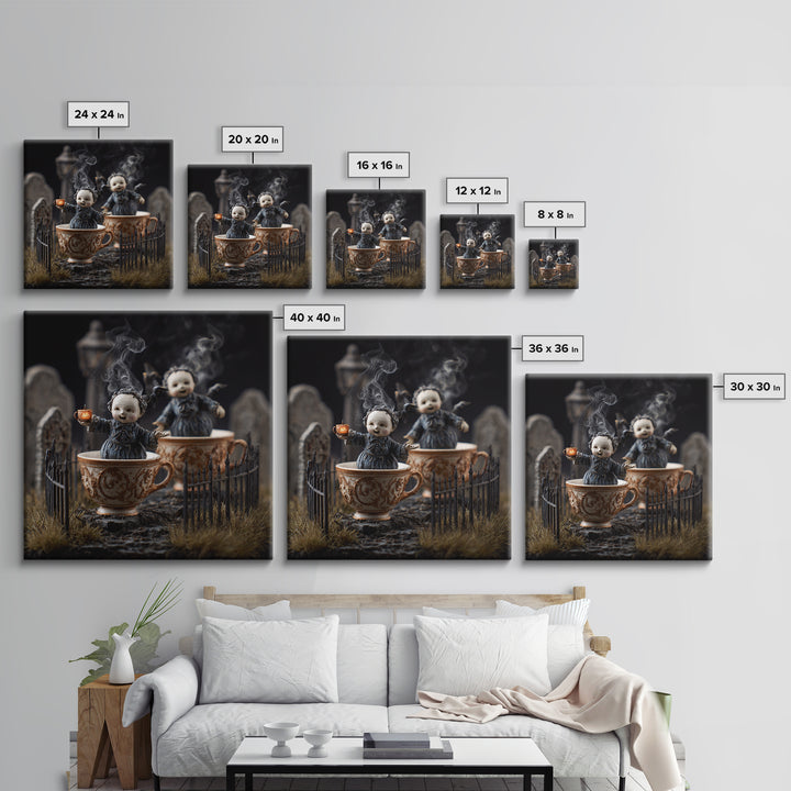 Tiny Ghosts In Teacups, Square Wall Art, Spooky Home Decor, Canvas Print, Halloween Wall Decor, Gothic Home Decor, Horror Wall Art