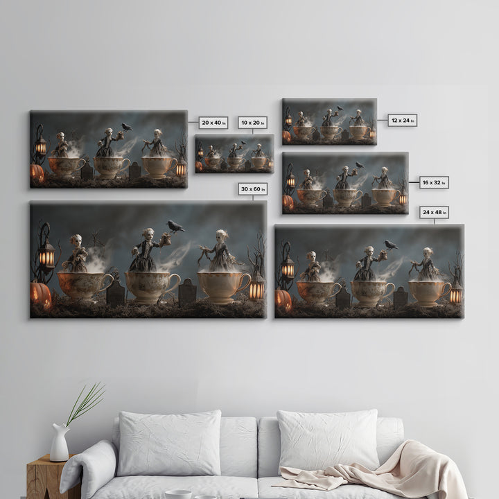 Tiny Ghosts In Teacups, Wide Panoramic Art, Haunted Gothic Art, Framed Canvas Print, Halloween Wall Decor, Gothic Home Decor