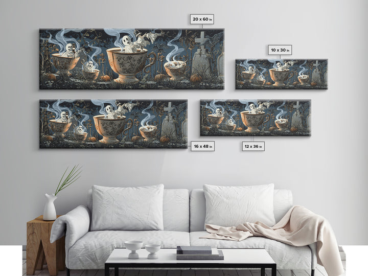Tiny Ghosts In Teacups, Extra Wide Wall Art, Spooky Home Decor, Canvas Print, Halloween Wall Decor, Gothic Home Decor, Spooky Wall Decor