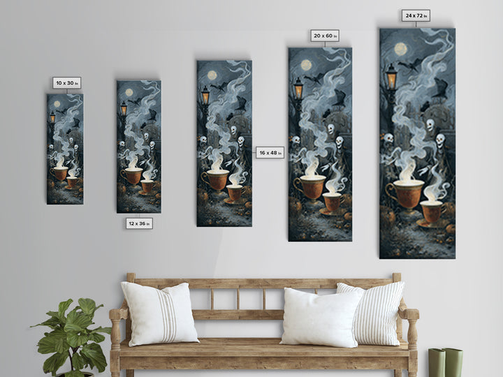 Tiny Ghosts In Teacups, Tall Narrow Wall Art, Macabre Wall Art, Framed Canvas Print, Halloween Wall Decor, Gothic Home Decor