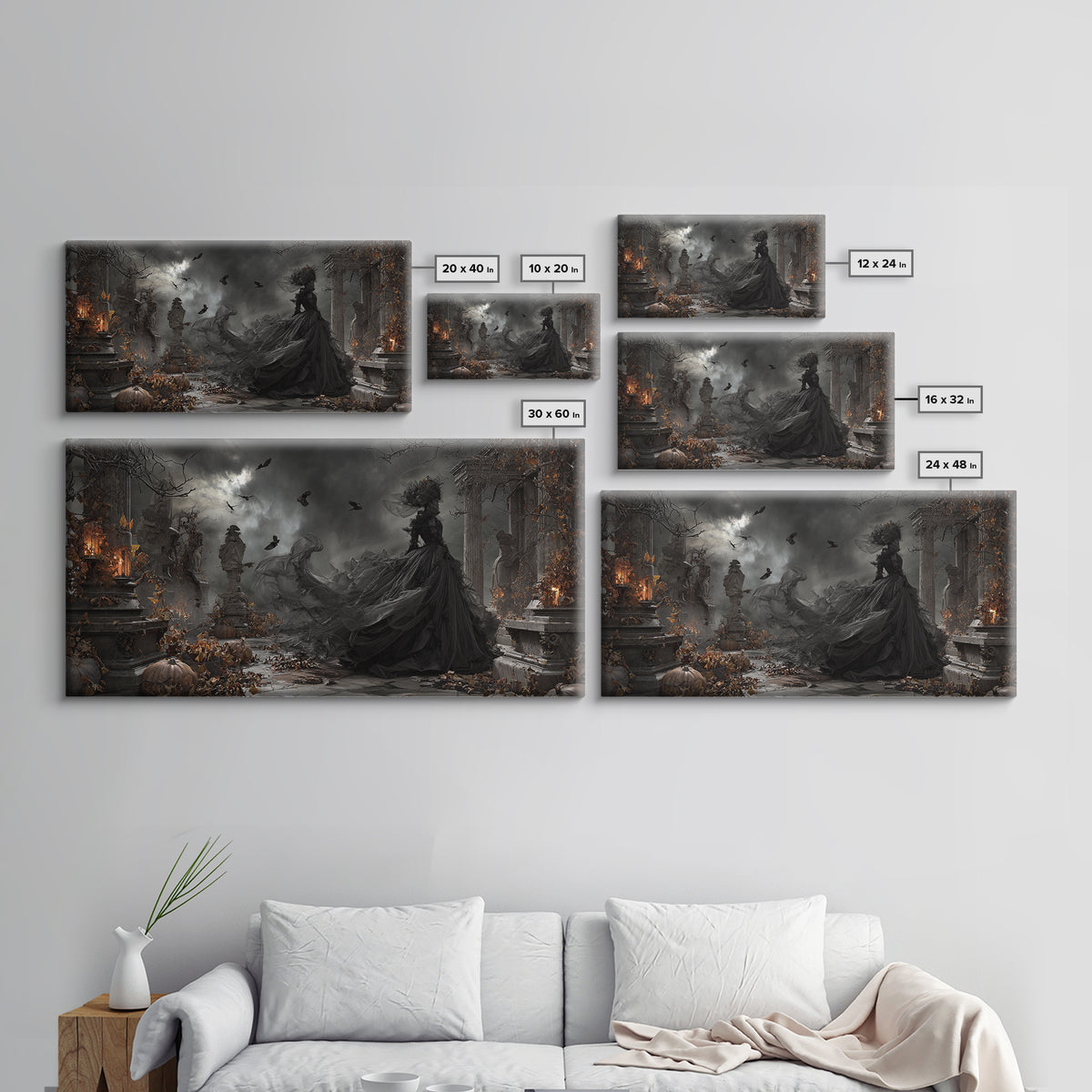 The Spider Sewing Circle, Wide Panoramic Art, Haunted Gothic Art, Framed Canvas Print, Halloween Wall Decor, Gothic Home Decor