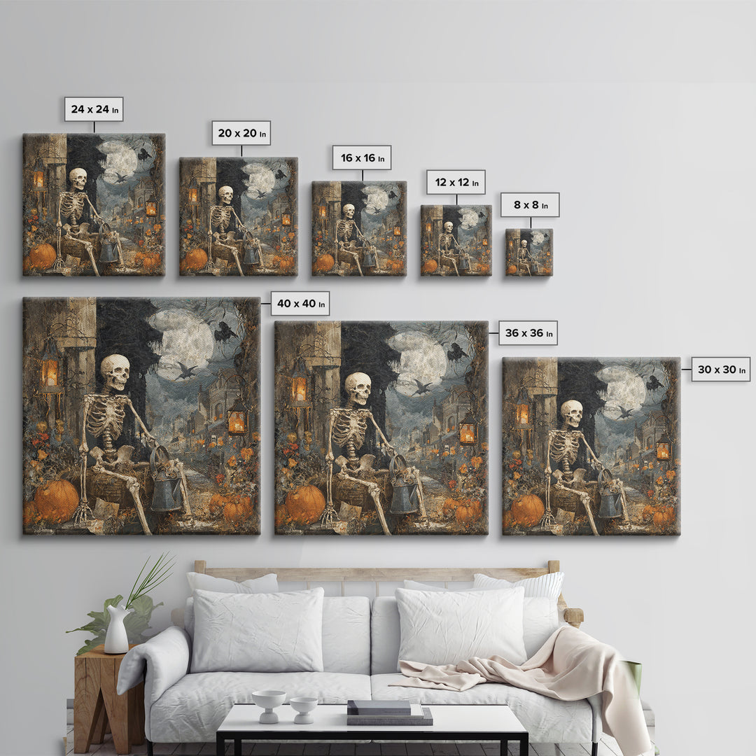 The Skeleton Gardeners, Square Wall Art, Macabre Wall Art, Framed Canvas Print, Halloween Wall Decor, Gothic Home Decor