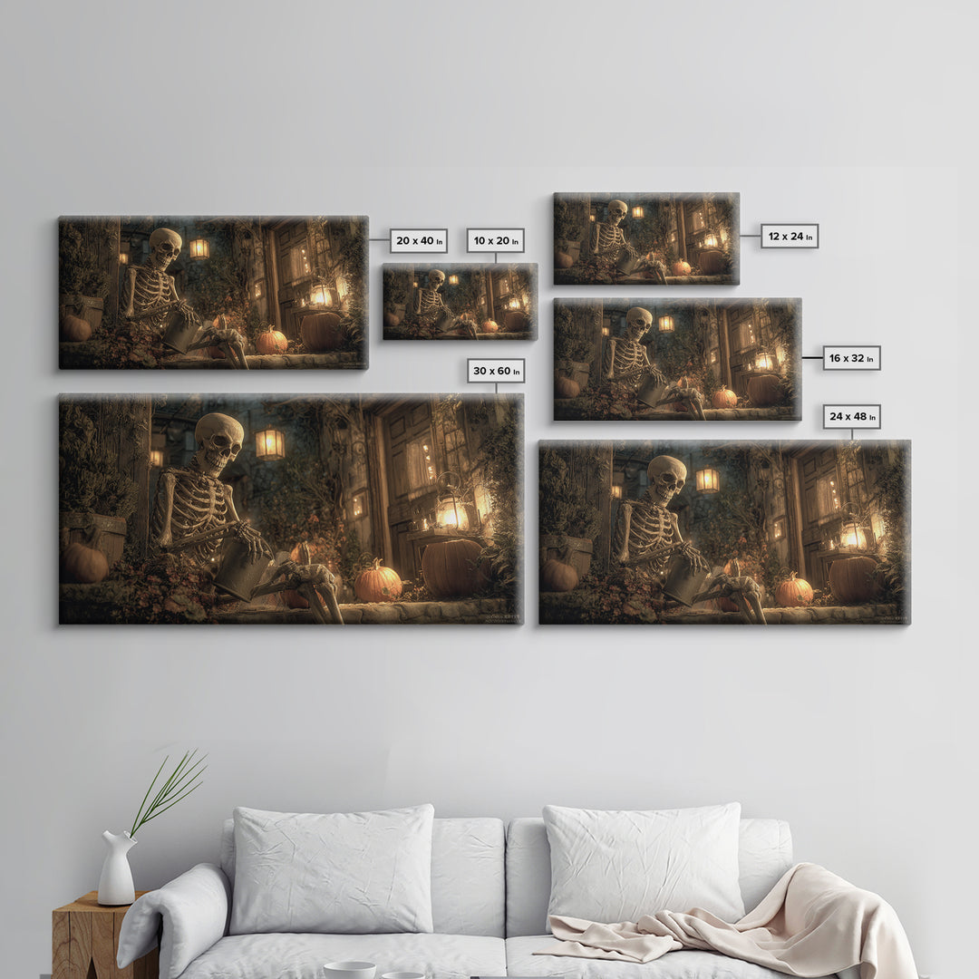 The Skeleton Gardeners, Wide Panoramic Art, Dark Fantasy Wall Art, Canvas Print, Halloween Wall Decor, Gothic Home Decor, Spooky Wall Decor