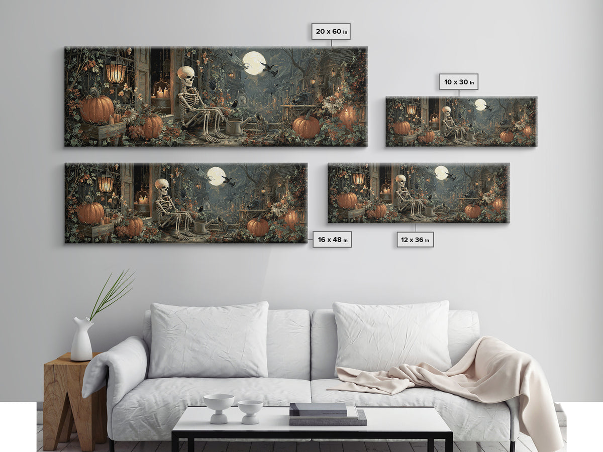 The Skeleton Gardeners, Extra Wide Wall Art, Gothic Horror Wall Art, Framed Canvas Print, Halloween Wall Decor, Gothic Home Decor