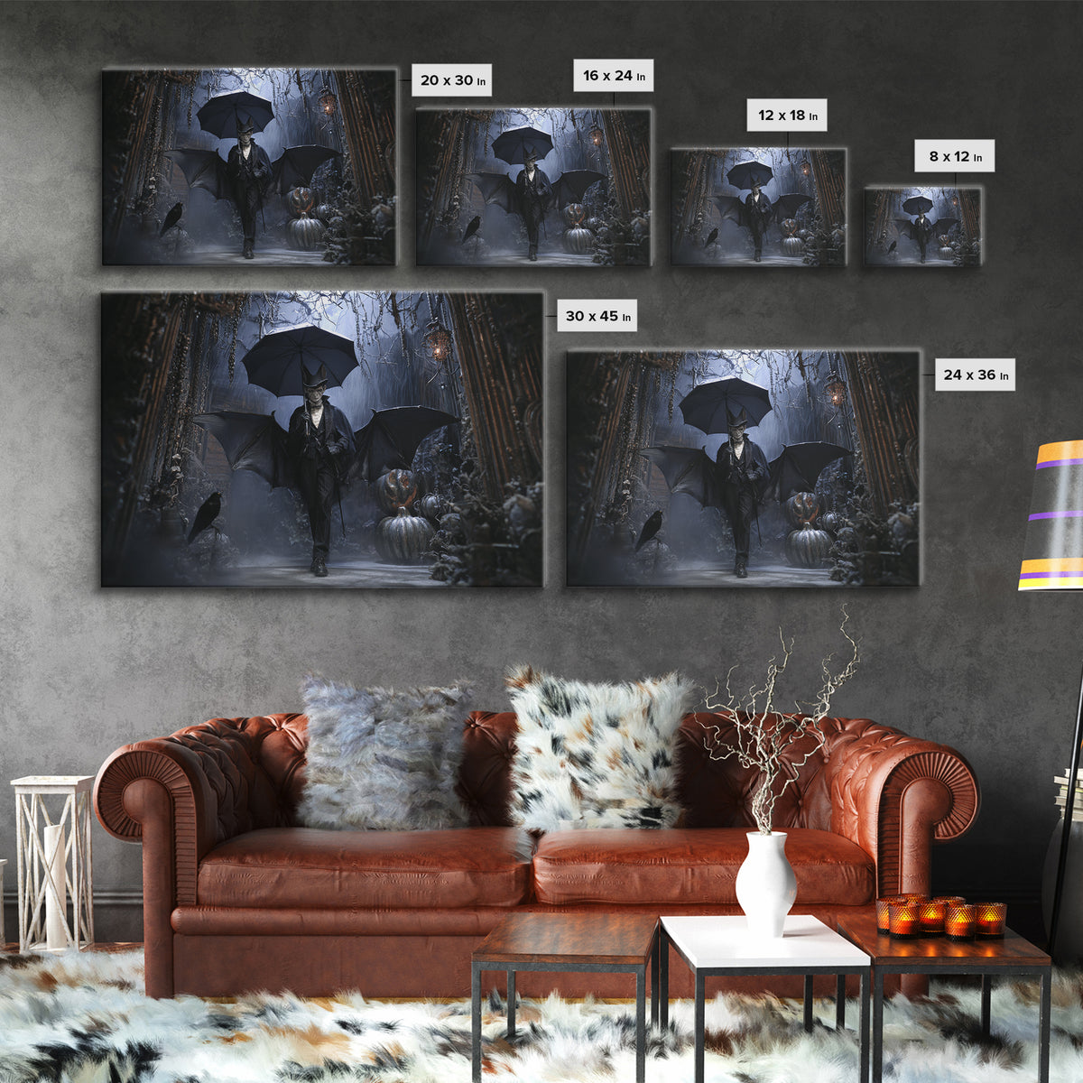 The Bat Umbrella Salesman, Landscape Wall Art, Gothic Horror Wall Art, Framed Canvas Print, Halloween Wall Decor, Gothic Home Decor