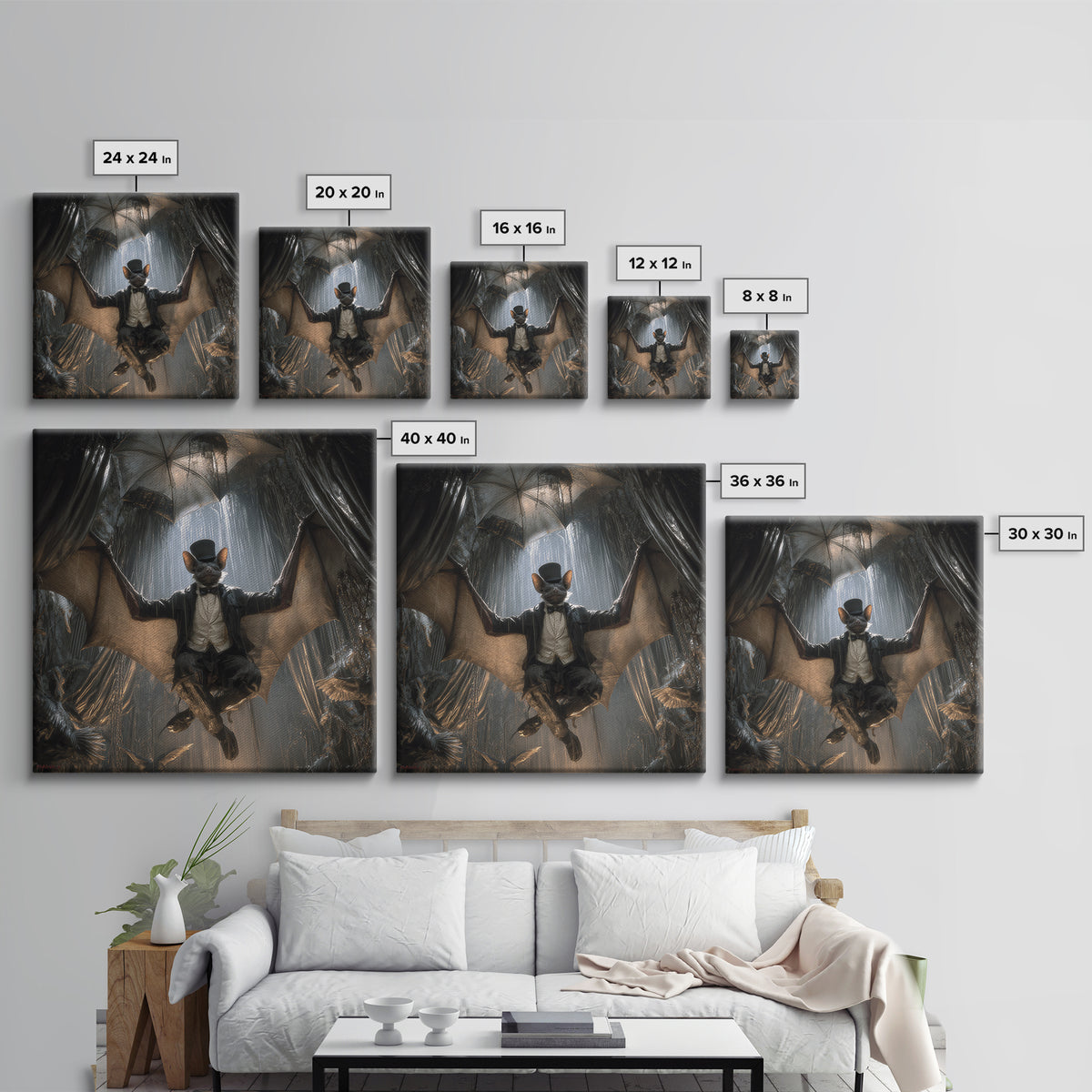 The Bat Umbrella Salesman, Square Wall Art, Gothic Horror Wall Art, Framed Canvas Print, Halloween Wall Decor, Gothic Home Decor