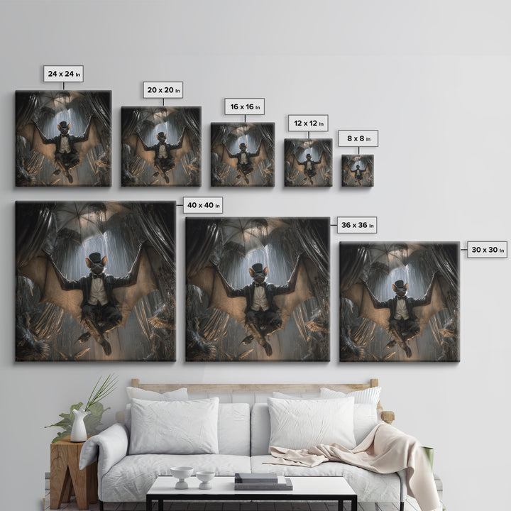 The Bat Umbrella Salesman, Square Wall Art, Gothic Horror Wall Art, Framed Canvas Print, Halloween Wall Decor, Gothic Home Decor