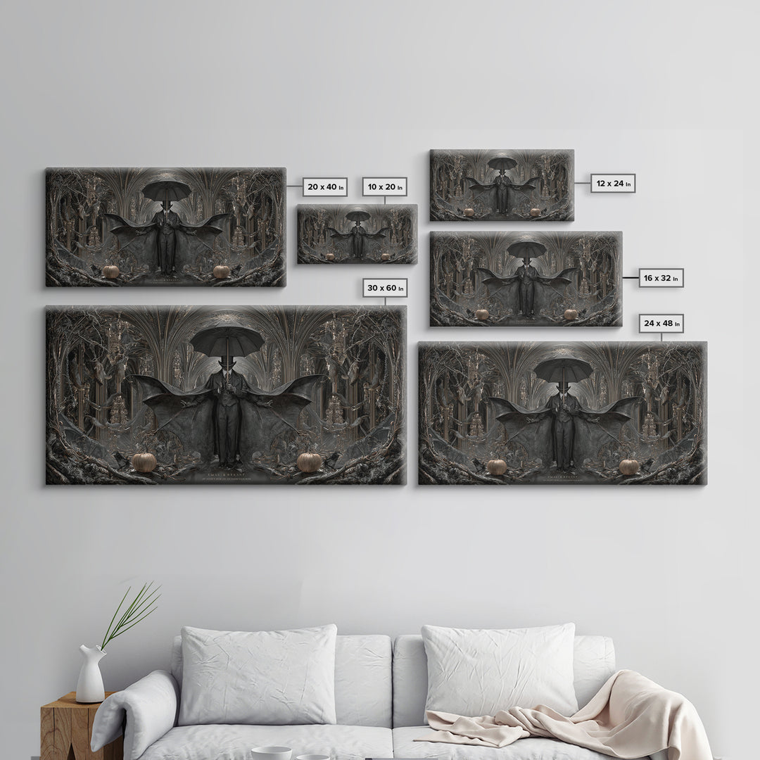 The Bat Umbrella Salesman, Wide Panoramic Art, Dark Fantasy Wall Art, Canvas Print, Halloween Wall Decor, Gothic Home Decor