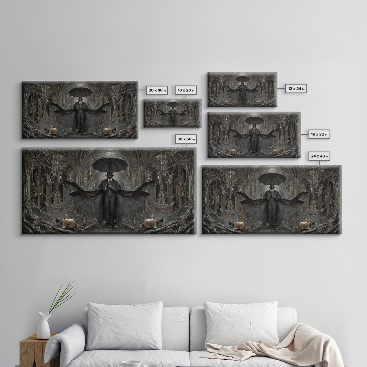 The Bat Umbrella Salesman, Wide Panoramic Art, Dark Fantasy Wall Art, Canvas Print, Halloween Wall Decor, Gothic Home Decor