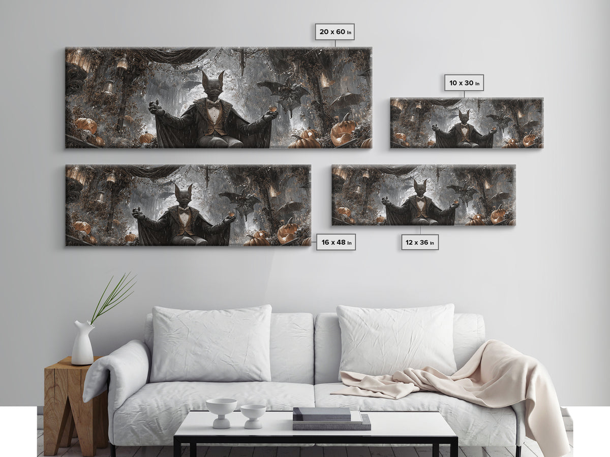 The Bat Umbrella Salesman, Extra Wide Wall Art, Macabre Wall Art, Framed Canvas Print, Halloween Wall Decor, Gothic Home Decor