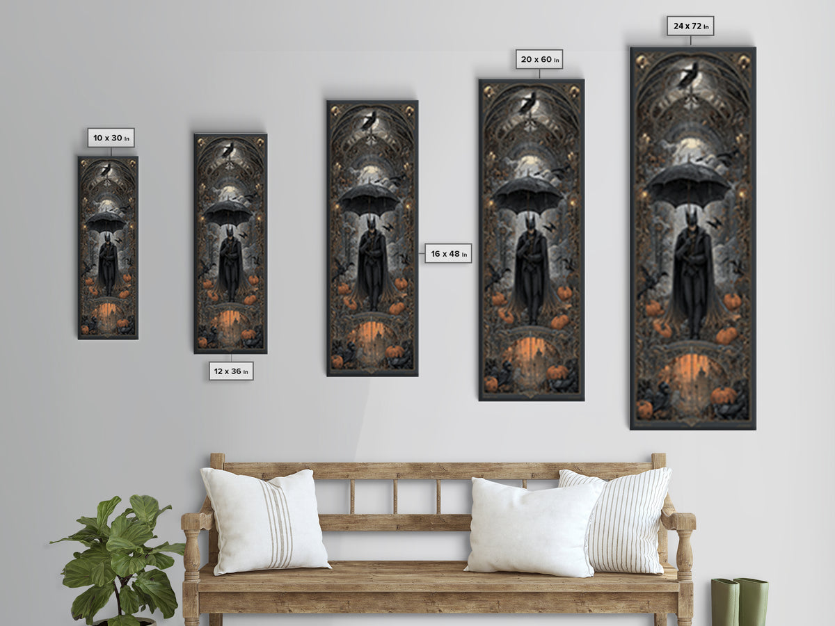 The Bat Umbrella Salesman, Tall Narrow Wall Art, Dark Halloween Decor, Canvas Print, Halloween Wall Decor, Gothic Home Decor