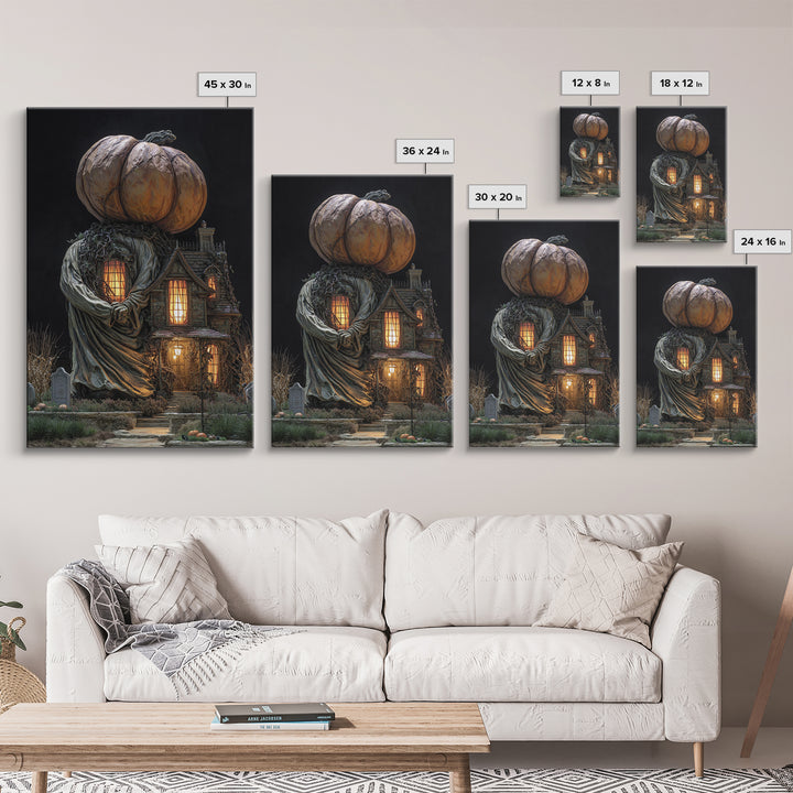 The Pumpkin-House Neighborhood, Vertical Wall Art, Macabre Wall Art, Framed Canvas Print, Halloween Wall Decor, Gothic Home Decor