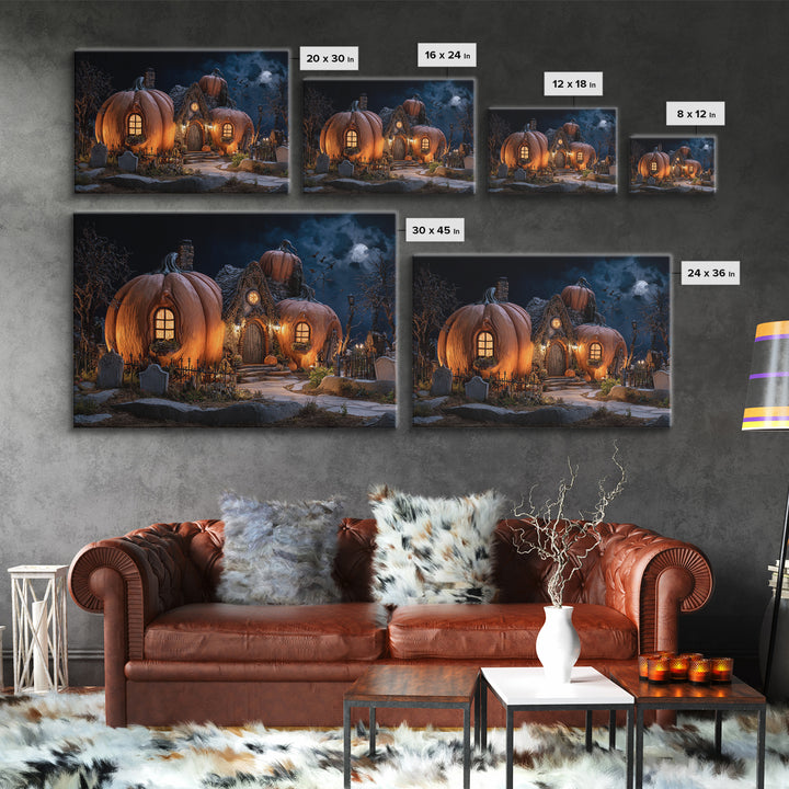 The Pumpkin-House Neighborhood, Landscape Wall Art, Dark Halloween Decor, Canvas Print, Halloween Wall Decor, Gothic Home Decor