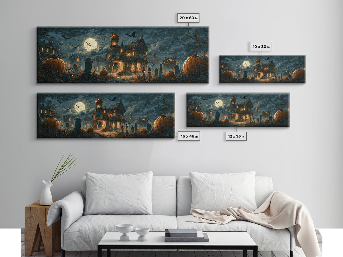 The Pumpkin-House Neighborhood, Extra Wide Wall Art, Spooky Home Decor, Canvas Print, Halloween Wall Decor, Gothic Home Decor