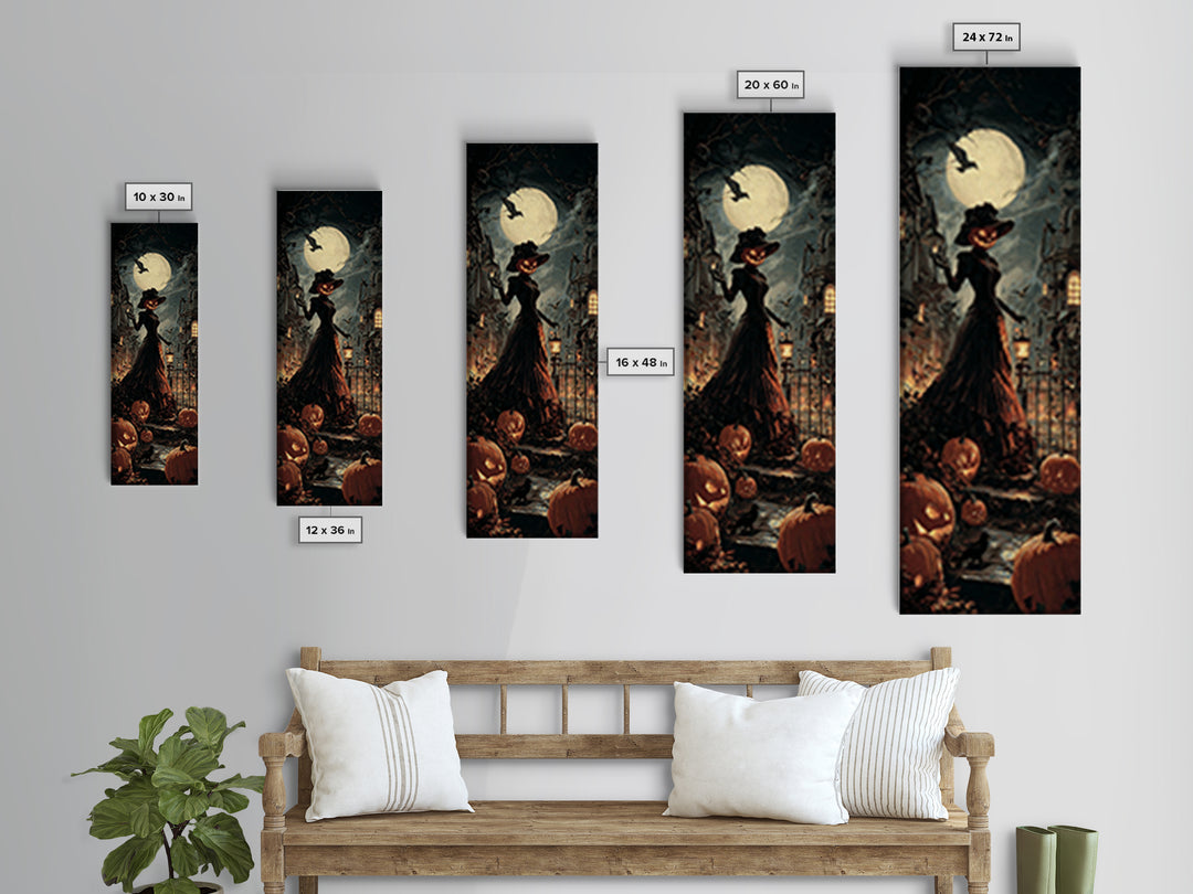 The Pumpkin-House Neighborhood, Tall Narrow Wall Art, Macabre Wall Art, Framed Canvas Print, Halloween Wall Decor, Gothic Home Decor