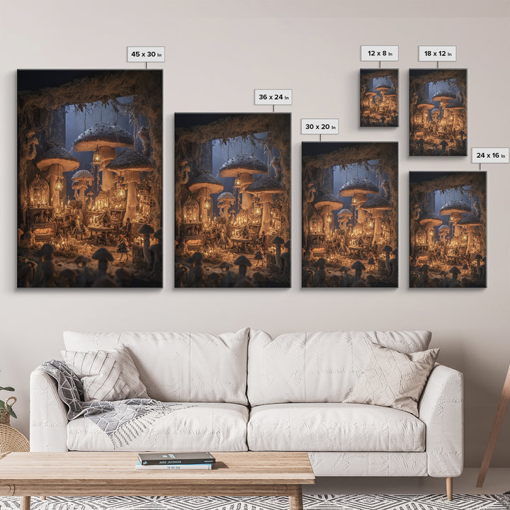 The Moonlit Mushroom Village, Vertical Wall Art, Dark Halloween Decor, Canvas Print, Halloween Wall Decor, Gothic Home Decor