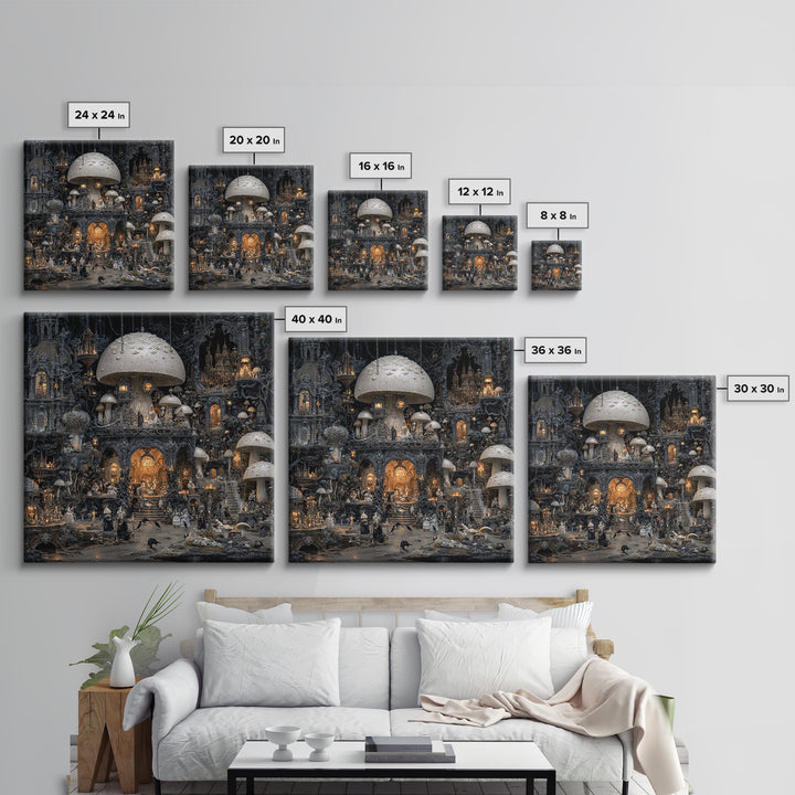 The Moonlit Mushroom Village, Square Wall Art, Dark Halloween Decor, Canvas Print, Halloween Wall Decor, Gothic Home Decor