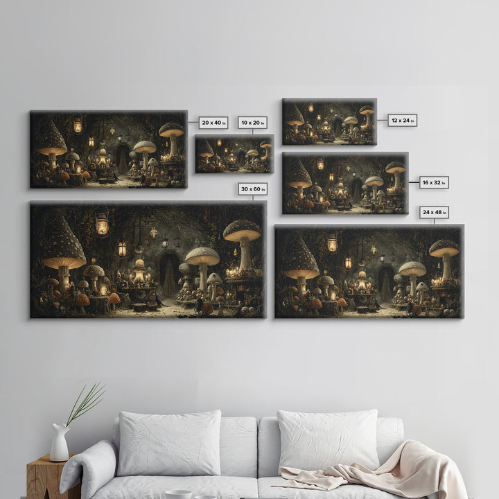 The Moonlit Mushroom Village, Wide Panoramic Art, Macabre Wall Art, Framed Canvas Print, Halloween Wall Decor, Gothic Home Decor