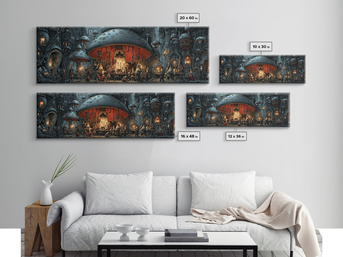 The Moonlit Mushroom Village, Extra Wide Wall Art, Gothic Horror Wall Art, Framed Canvas Print, Halloween Wall Decor, Gothic Home Decor
